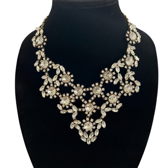J Crew Czech Glass Crystal Floral Bib Statement Necklace Gold Plated Wedding WOW - Picture 1 of 16
